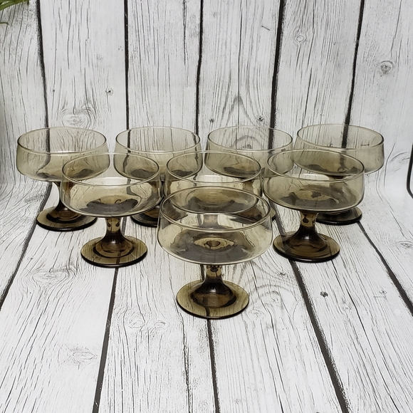 Libbey Tawny MidCentury Smoke Glass Low Champagne Sorbet Coupe Glasses, Set of 8 - Picture 3 of 9